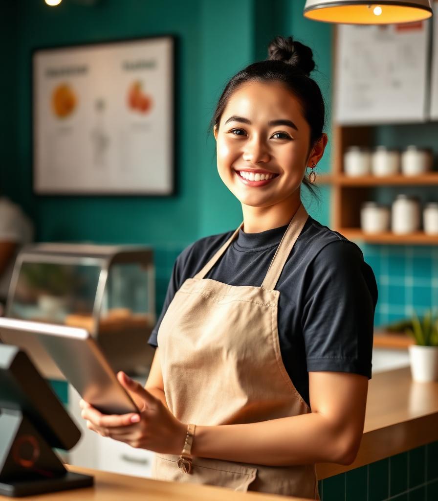 Friendly cashier using FlowKas on a tablet